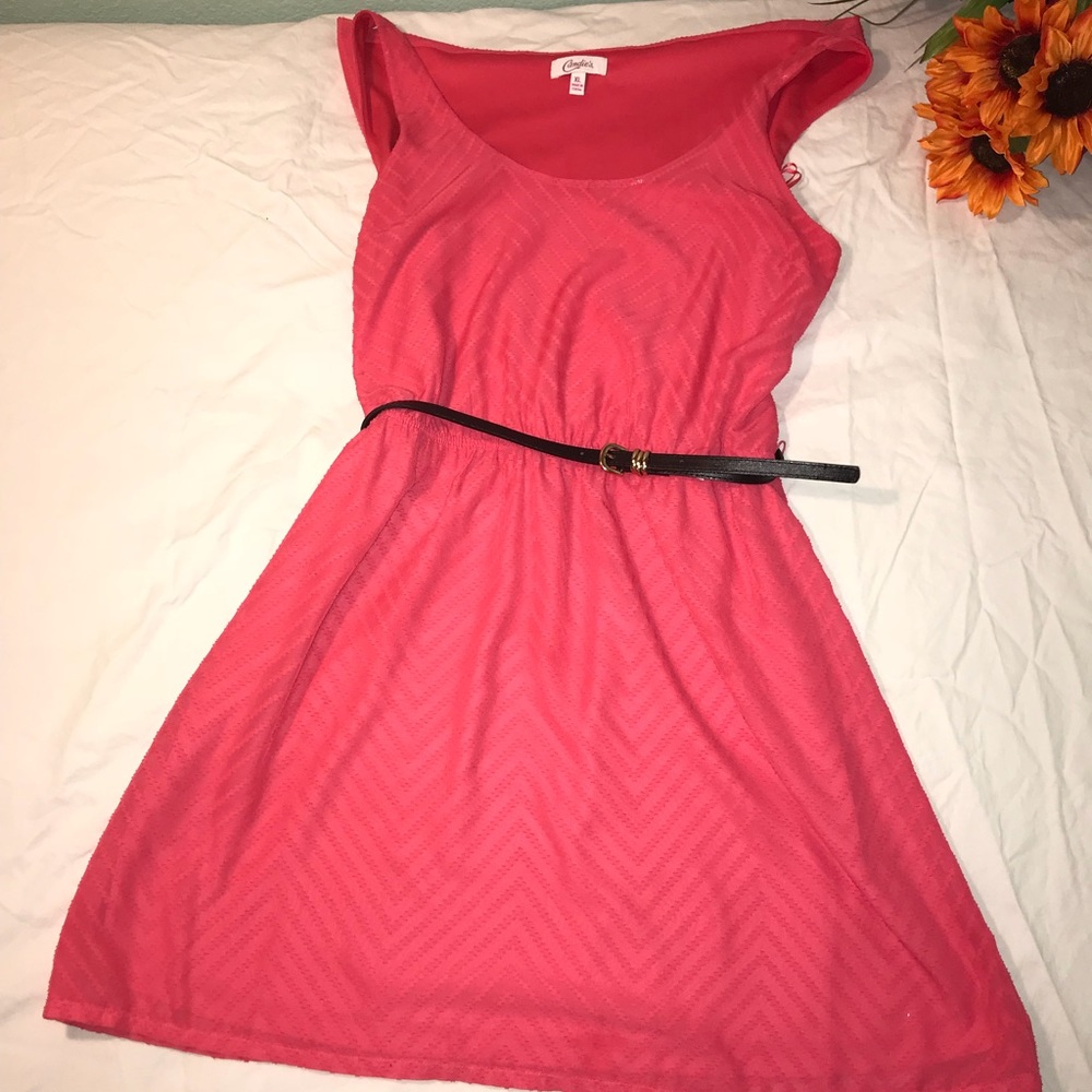 Coral Sleeveless Belted Dress